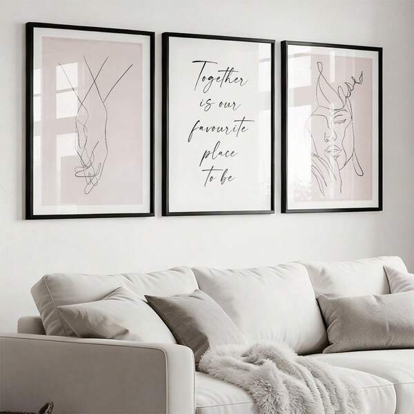 无框/三件套，浅粉色极简丝绸条纹抽象艺术画墙饰，理想的情人节礼物帆布海报，墙面艺术印刷品，现代装饰画，卧室挂画，墙面装饰，家居装饰画，创意家居礼物，适用于书房、客厅、卧室等。