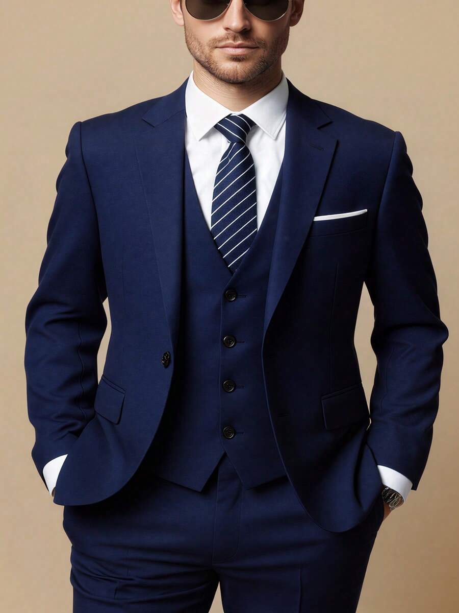 3 Piece Men's Suit, Formal Blazer Vest Pants Modern Fit Office Wedding Event Suits For Men - Navy Blue - View 1