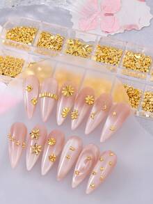 12格迷你金色美甲装饰，DIY金色心形长方形水滴形蝴蝶结美甲配件，美甲用品，美甲饰品，Y2K美甲饰品 - 金色 - 查看 7