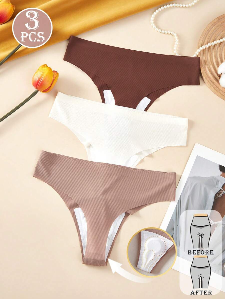 3pcs Women's Low Waist Solid Color Seamless Yoga Sports Panties, High Elasticity, Breathable, Sexy Thong