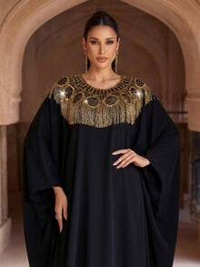 新款优雅宽松黑色长袍，带流苏蝙蝠袖 - 黑色 - 查看 1