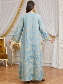 Solessence 女士优雅长款卡夫坦连衣裙，V领长袖，提花刺绣，适合斋月、派对、节日和约会穿着。 - 藍色 - 查看 2