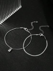 2pcs Minimalist Square Cubic Zirconia Pendant Multi-Layer Bracelet, Silver Stainless Steel Blade Chain, Niche High-End Suitable For Women's Daily Wear - Silver - View 2