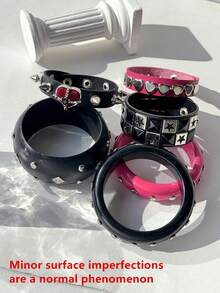 1pc Pink & Black Y2K Geometric Resin Bracelet, New Gothic Punk Rivet Leather Wristband For Women, Party Jewelry Gift - Multicolor - View 11