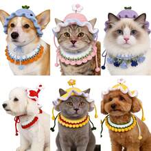 Handmade Knitted Pet Collar & Hat Set, Soft Yarn, Flower Design, Cat & Dog Accessories, Photo Props
