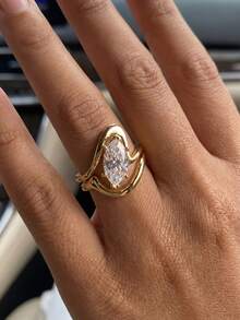 1 chiếc nhẫn bạc 925 Sterling thời trang, kiểu dáng cong trơn, phù hợp cho nữ giới đeo hàng ngày, làm phụ kiện dự tiệc, quà tặng trang sức cổ điển thanh lịch. - Vàng - Xem 5