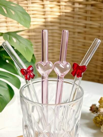 1/3pcs Pink Heart Straight Straw & Red Bow Tie Bent Straw, 20oz Glass Straw Set, Kitchen Essentials For New Year And Valentine's Day, Perfect For Water Lovers