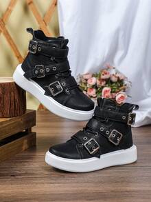 Street-Style Buckle High-Top Casual Shoes, Versatile And Stylish Ankle Boots With Both Texture And Personalized, Women's Boots For 2026 Punk Fashion Outfits, Gothic Shoes With Dark Embossed Uppers - Black - View 4