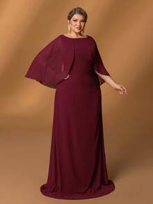 Faeriesty 优雅大码酒红色雪纺长裙 - 船领、蝙蝠袖和褶皱腰身 | 适合婚礼宾客、优雅派对、情人节活动等场合 - 酒紅色 - 查看 8