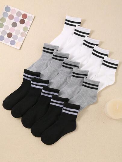 15 Pairs Kids Socks, Classic Black, White, Gray Striped Mid-Calf Socks, Soft & Comfortable, School Uniform Socks, Teens Sports Socks, Suitable For Boys And Girls Daily Wear, Back To School Essential