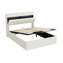 Upholstered Bed, 140 * 200, Hydraulic Bed, Hidden Headboard Door, Bed Cabinet, PU, With Rust Plate, Without Mattress, Black, White. - White - View 6