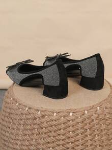 Quadratische Zehenkappe Plateau-Absatz Slip-On Schuhe, vielseitige Schleifendekor Schuhe, modische Loafer, schwarze High Heels, eine Nummer größer laufen, Größe 35-43 - Hohler schwarzer Sternenhimmel (Schwarzer Diamantbogen) - Übersicht 6