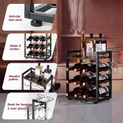 Countertop Wine Rack - Modern Minimalist Wood And Black Metal Wine Holder, Standing Storage Cabinet With Tray, Counter Wine Rack For Kitchen, Bar, Cabinet, Dining Table,39691520