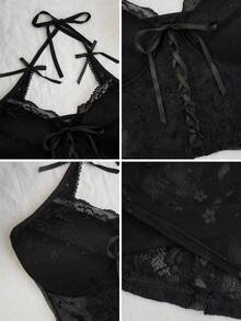 女士无肩带蝴蝶结蕾丝吊带背心，夏季性感无袖露脐背心，带胸垫