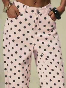 Polka Dot Jeans Women Low Rise Cute Baggy Jeans Y2k Straight Wide Leg Boyfriend Denim Pants Streetwear - 粉色 - 查看 3