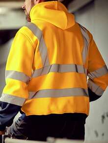 Men's Hooded Sweatshirt With Reflective Strips, Sanitation Worker Outdoor Work Uniform, Fleece Color-Blocked Zip-Up Sweatshirt - Màu vàng - Xem 2