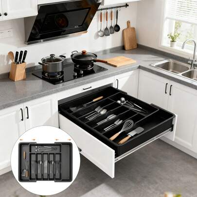 LMstarz Vassoio Portaposate Regolabile Nero | Espandibile 33-57cm per Cassetti | 8 Scomparti, Grande Capacità | Organizzatore Utensili Cucina Facile da Pulire