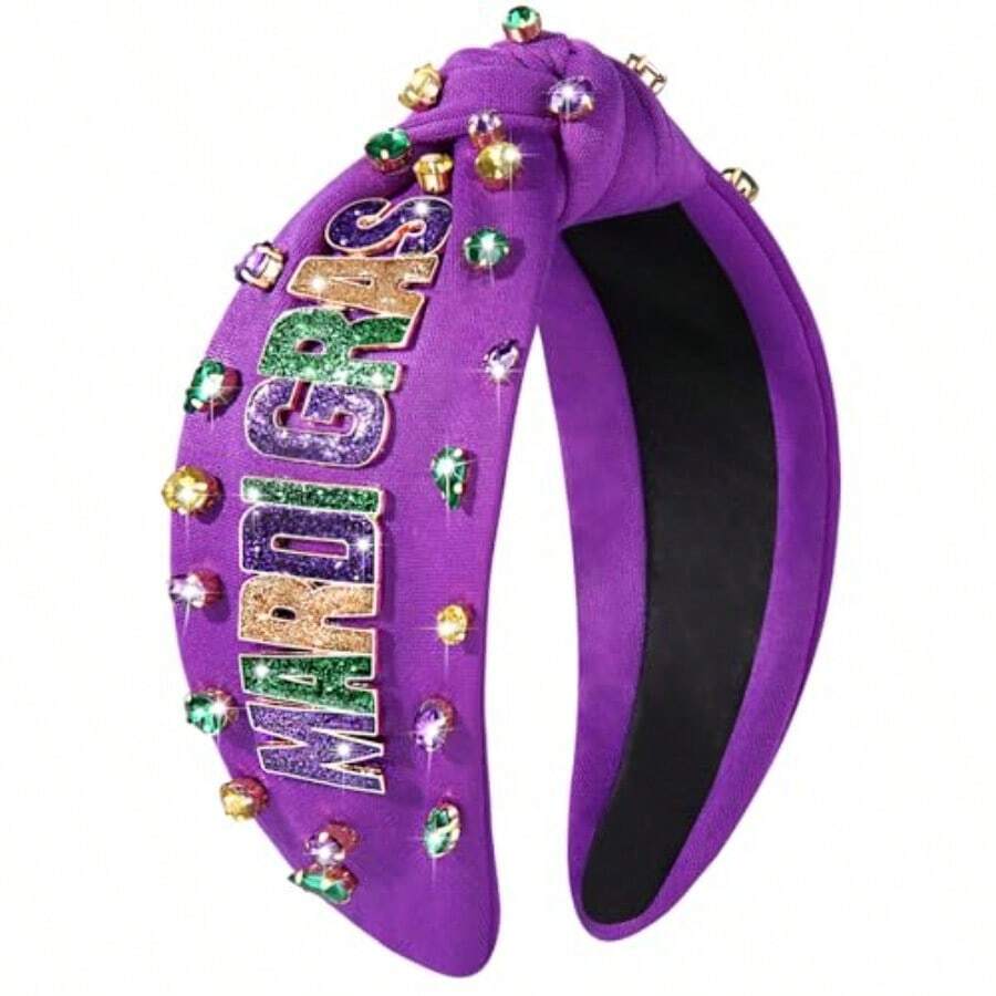 Mardi Gras Headbands For Women Crown Mask Headband Green Purple Yellow Rhinestone Jeweled Knotted Headband Mardi Gras Accessories Carnival Outfits Party Favors Gift MARDI GRAS A - Purple - Purple White - 查看 1