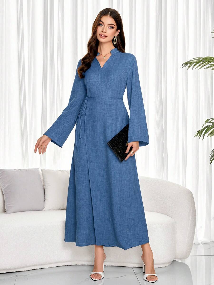 Women's Elegant Blue V-Neck Long Sleeve Wrap Maxi Dress With Side Tie Hem - Teal Blue - View 1