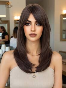 XOUJE 20英寸深棕色直发层次刘海假发，女士柔软易造型合成纤维假发，完美适用于日常佩戴、简约优雅、派对、工作、角色扮演和节日庆典。 - 棕色 - 查看 2