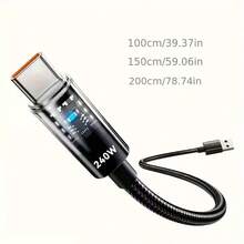 Cabo de Dados Tipo-C com Carregamento Super Flash de 240W, Mecanismo de Proteção de Desligamento Automático, Luz de Respiração Transparente, Carregamento Rápido PD para , Honor, Celulares, Tablets e Laptops, Suporta Transferência de Dados Super Rápida - Preto - Visão 8