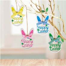 8/12-Piece Easter Bunny Tree Ornaments | Wooden Hanging Rabbit Decor With Plaid Bow + String -- Delicate Spring Hanging Decor, Spring Home Accents, Garden / Easter Tree Ornaments, Home & Garden Holiday Decorations, Wall Branch Gift Egg Basket Hanging Decor, Festive Arrangement Accessories. - Grey - View 5