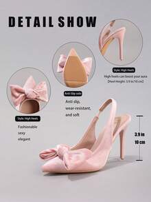 女士蝴蝶结高跟鞋，性感尖头晚宴派对鞋，丝绒时尚粉色细高跟鞋 - 粉色 - 查看 3