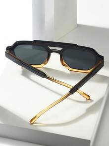 1pc Unisex Square Frame Minimalist Stylish Fashion Glasses, Suitable For Travel, Casual, Party, Beach, Daily Wear - Tea Leaves Above, Yellow Frame and Gray Panel Below - View 4