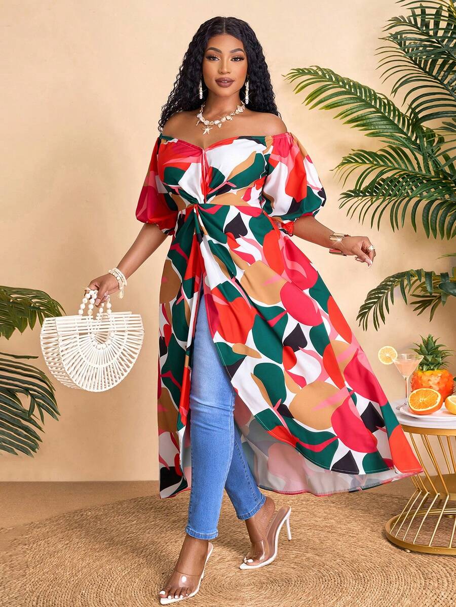 BIUBIU 度假风花卉图案加大码梭织面料甜心领泡泡袖长款上衣 - 紅色 - 查看 1