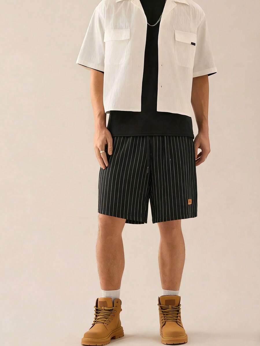 2条装男士弹力腰宽松休闲条纹短裤，简约都市风格，适合春夏度假、日常通勤、周末咖啡馆聚会及其他休闲场合。 - 黑色 - 查看 1