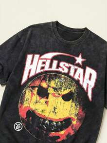 Hell Star Men's Black And Grey T-Shirt Hell Star Graphic Tee Cotton Shirt Unisex Couple Matching Boyfriend Style Double Sided Print Back Flame Face Graphic Distressed Happy Face Acid Washed Grunge Y2K Retro 90s Streetwear Summer Outfits Graphic Tees Men Oversized T Shirt Summer Clothes Men Fall Clothes Men Winter Clothes - 黑色 - 查看 4