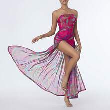 Women's Tube Top Dress Slim Strapless Backless Mesh Patchwork Tropical Leopard Print High Slit Long Dress for Party Club Night - Morado - Ver 9