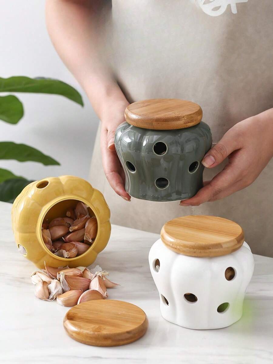 Ceramic Garlic Preserver, Modern Hollow Garlic Storage Jar, Breathable Ceramic Storage Jar, Kitchen Ginger Storage Box, Porcelain Container, Garlic & Ginger Storage Jar, Kitchen Utensils, Kitchen Decor, Gifts, Farmhouse Decor - Multicolor - View 1