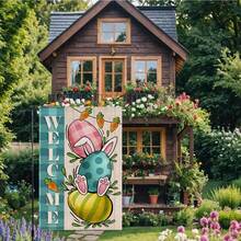 1pc Easter Celebration Garden Flag - 12x18 Inches, Outdoor Welcome Decor For Spring And Summer, With Egg, Carrot, Plaid Design, Durable Polyester, No Power Needed - Baby Blue - View 3