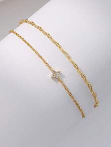 2pcs/Set Women Bracelet Set, Bohemian Summer Beach Style, Golden Electroplated Multi-Layer Basic Chain, Shiny Lip Chain, Copper Inlaid White Zirconia Four-Leaf Clover Stacked Bracelets, Stacking Jewelry Gift - Yellow Gold - View 2