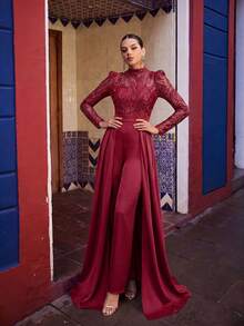 Faeriesty 优雅长袖高领及地连体裤 - 亮片和缎面拼接，蓬松裙摆带拖尾，修身剪裁 | 适合节日派对、新年夜、正式晚宴、情人节派对 - 酒紅色 - 查看 4