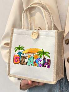 Coconut Tree Seaside Pattern Storage Bag And Cosmetic Bag Set, Linen Tote Bag, Colorful Beach Letters Pattern Gift Bag,Portable Shopping Bag, Lightweight Foldable Storage Bag, Minimalist Shopping Bag, Best Reusable Grocery Bag, Teacher'S Day Gift Bag, Valentine'S Day Gifts, Ramadan Mubarak, Ramadan Gifts,Back-To-School Gift, Summer Vacation, Beach Trip - Multicolor - View 12