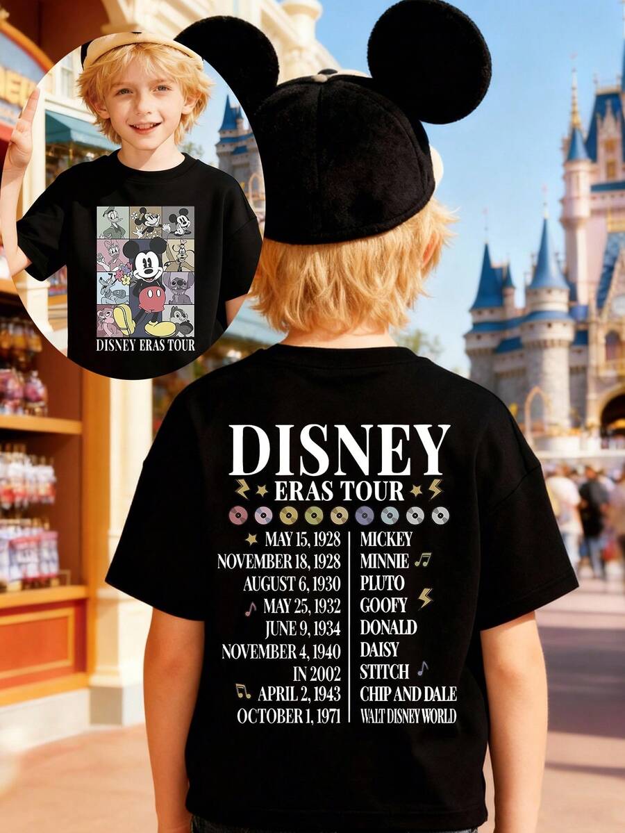 Disney T-Shirt Featuring Mickey Mouse Cartoon Alphabet Print On Both Sides. This Soft, Breathable Short-Sleeve Crew Neck Tee Is Perfect For Spring And Summer Wear, Ideal For Everyday Outfits, Vacation Leisure, Outdoor Adventures, School Life, And Shopping Trips. It Also Makes An Excellent Gift For Boys And Girls. Every Child Deserves One. - 黑色 - 查看 1