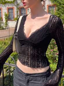 Women Sexy Lace Long Sleeves Solid Party Vacation Top - Black - View 3