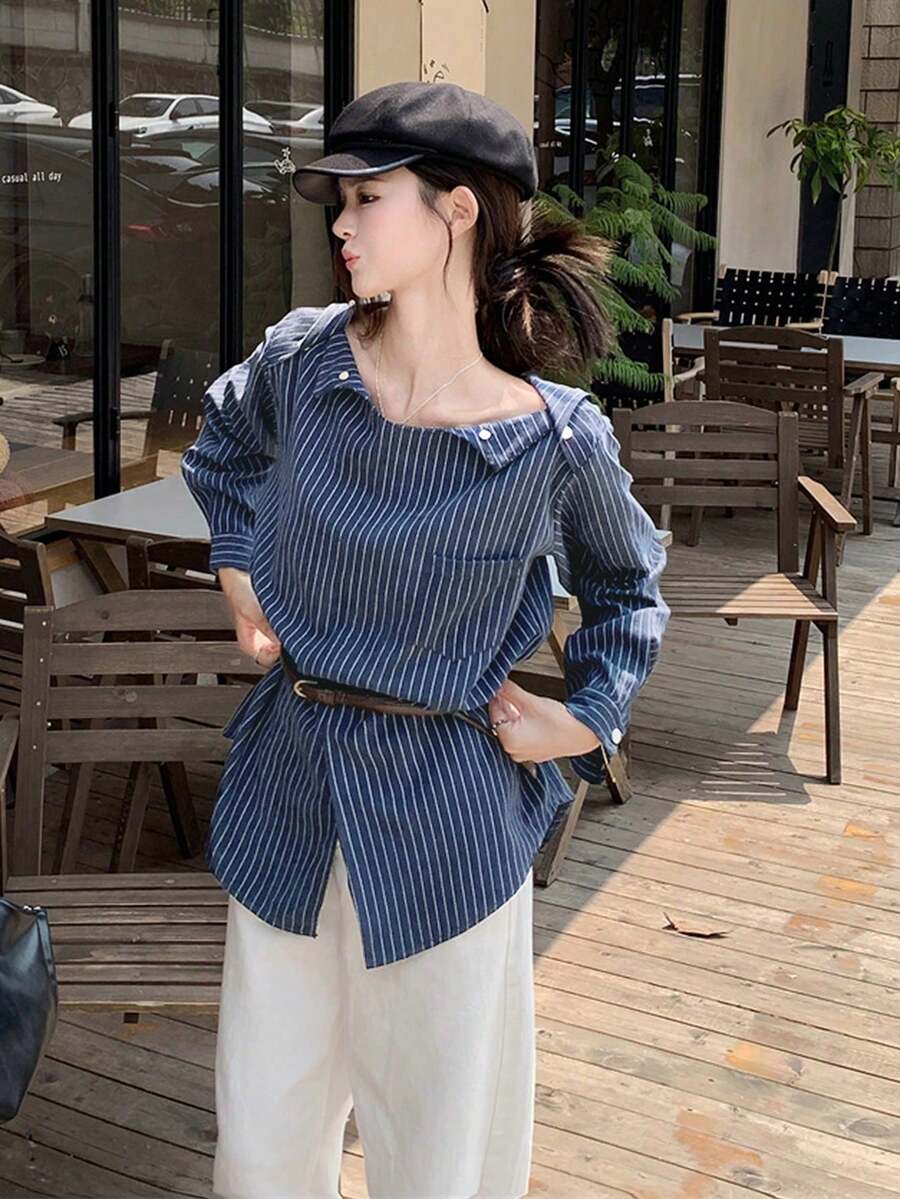 女士露肩条纹上衣，长袖，独特设计，开衩下摆，春秋季（随机条纹图案） - 藍色 - 查看 1