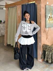 女士不对称肩部印花卫衣，性感修身款，初秋新品 - 灰色 - 查看 2