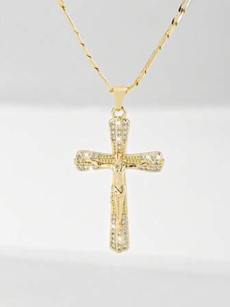 1pc Classic European Style Copper Inlaid Zirconia Jesus Cross Pendant Necklace, Limited Edition "Light Of Protection", Suitable For Christmas, Thanksgiving, Halloween, Mother's Day, Valentine's Day, Gifts For Couples, Friends, Church Members, First Holy Communion, Daily Wear And Prayer