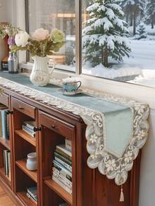 1 件 100% 涤纶天鹅绒面料精致 3D 刺绣蕾丝边桌旗，优雅适合家居装饰、厨房、餐桌、橱柜、咖啡桌、电视柜、餐垫、节日、家庭聚会、婚礼、别墅派对、礼物、室内和室外、露营、所有季节，多种尺寸可供选择 - 綠色 - 查看 11