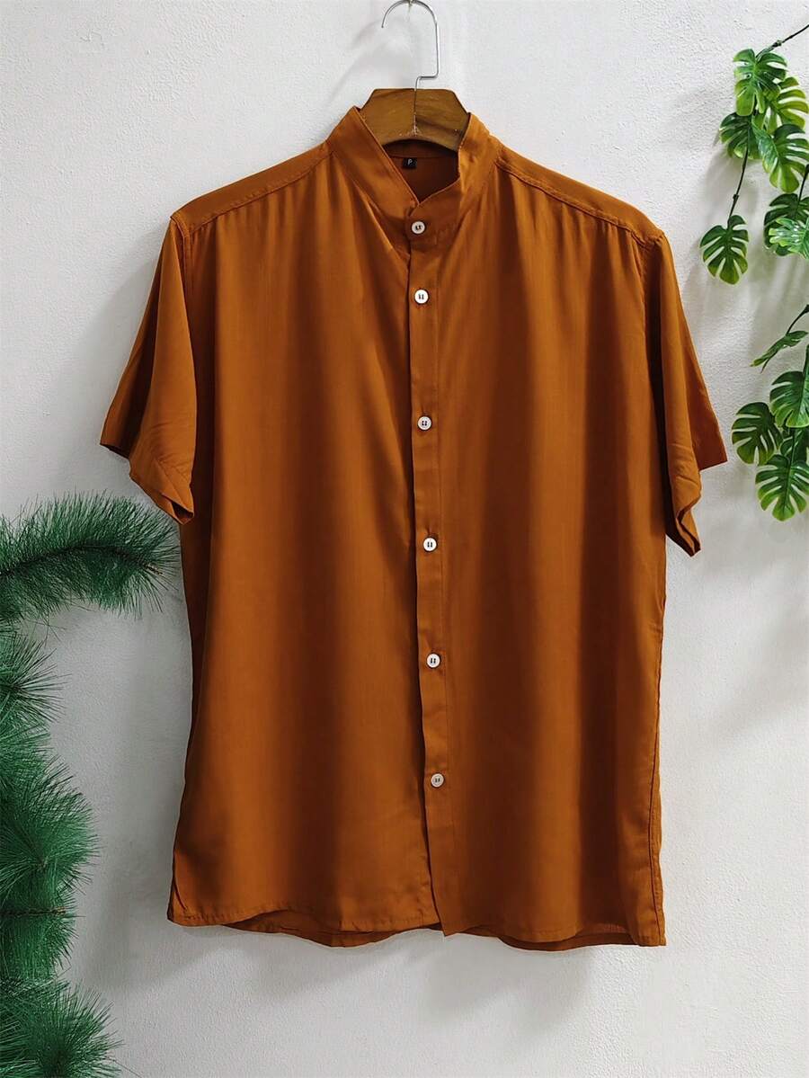 Men's Slim Fit Short Sleeve Mandarin Collar Dress Shirt (Shrinks A Little) - 鏽棕色 - 查看 1