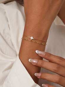 Tkool 2pcs/Set Women Bracelet Set, Bohemian Summer Beach Style, Golden Electroplated Multi-Layer Basic Chain, Shiny Lip Chain, Copper Inlaid Blue Zirconia Four-Leaf Clover Stacked Bracelet Set, Stacking Bracelet Jewelry Gift - Yellow Gold - View 1