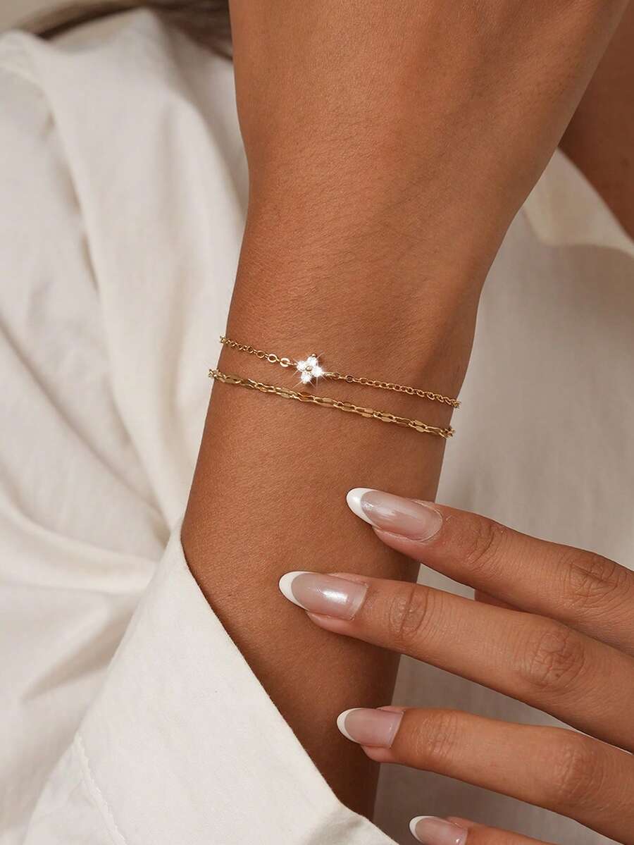 Tkool 2pcs/Set Women Bracelet Set, Bohemian Summer Beach Style, Golden Electroplated Multi-Layer Basic Chain, Shiny Lip Chain, Copper Inlaid Blue Zirconia Four-Leaf Clover Stacked Bracelet Set, Stacking Bracelet Jewelry Gift - Yellow Gold - View 1