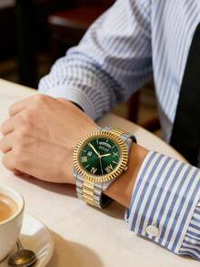 Guess GW0265G8 Classic Elegant Men's Quartz Analog Wrist Watch With Date/Day Display, Green Round Dial, Silver-Gold Stainless Steel Strap, Suitable For Daily Business Wear, Also An Ideal Gift For Men - Green - View 3