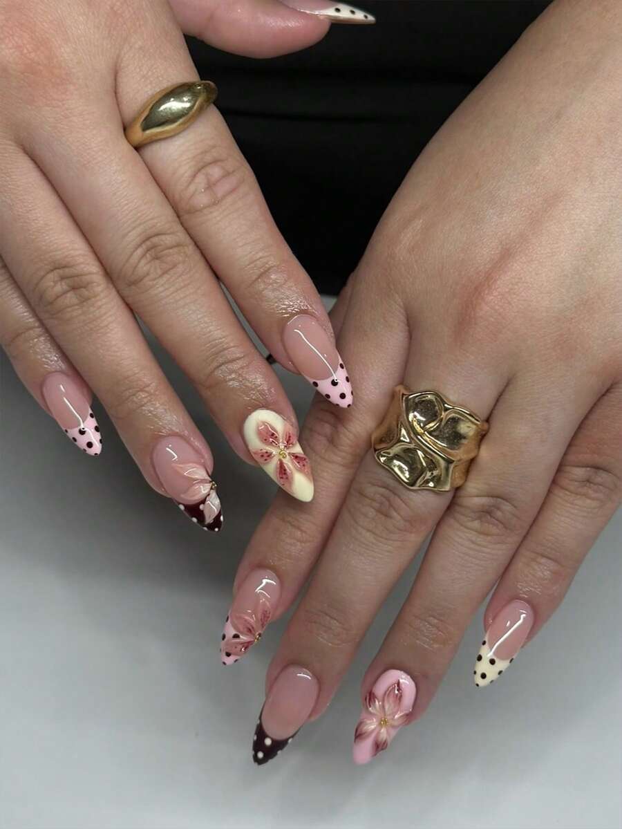 24片装短款杏仁形3D凝胶美甲片，春夏款，花卉波点印花，金色珠饰设计，波点法式亚克力按压式美甲片，完美贴合假指甲套装，包含：1片果冻凝胶和1把指甲锉。易于佩戴，打造秋季美甲和法式美甲，适合女性日常工作佩戴，也适合派对美甲使用。 - 彩色 - 查看 1