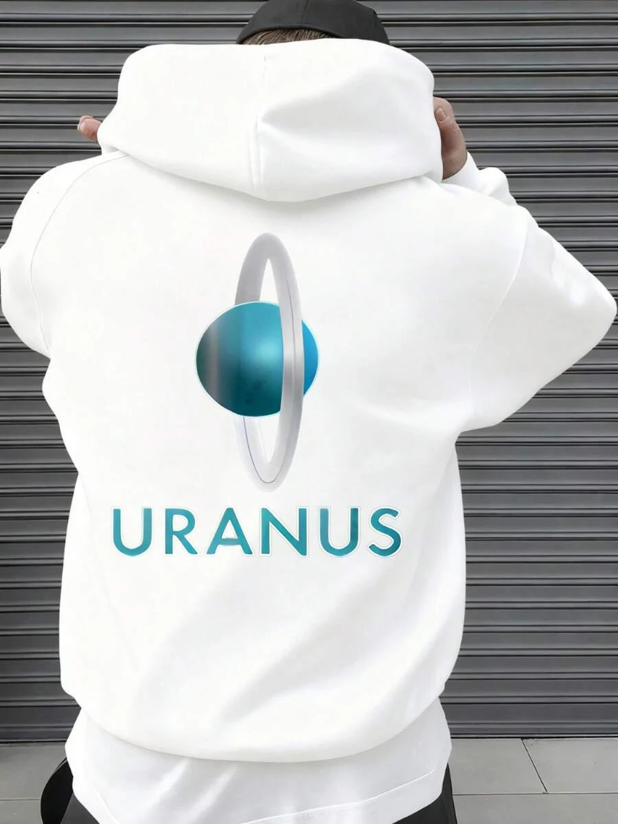 Uranus Planet With Rings Design Printed Hoodie AutumnWinter Fashion Mens Clothing - 白 - 查看 1