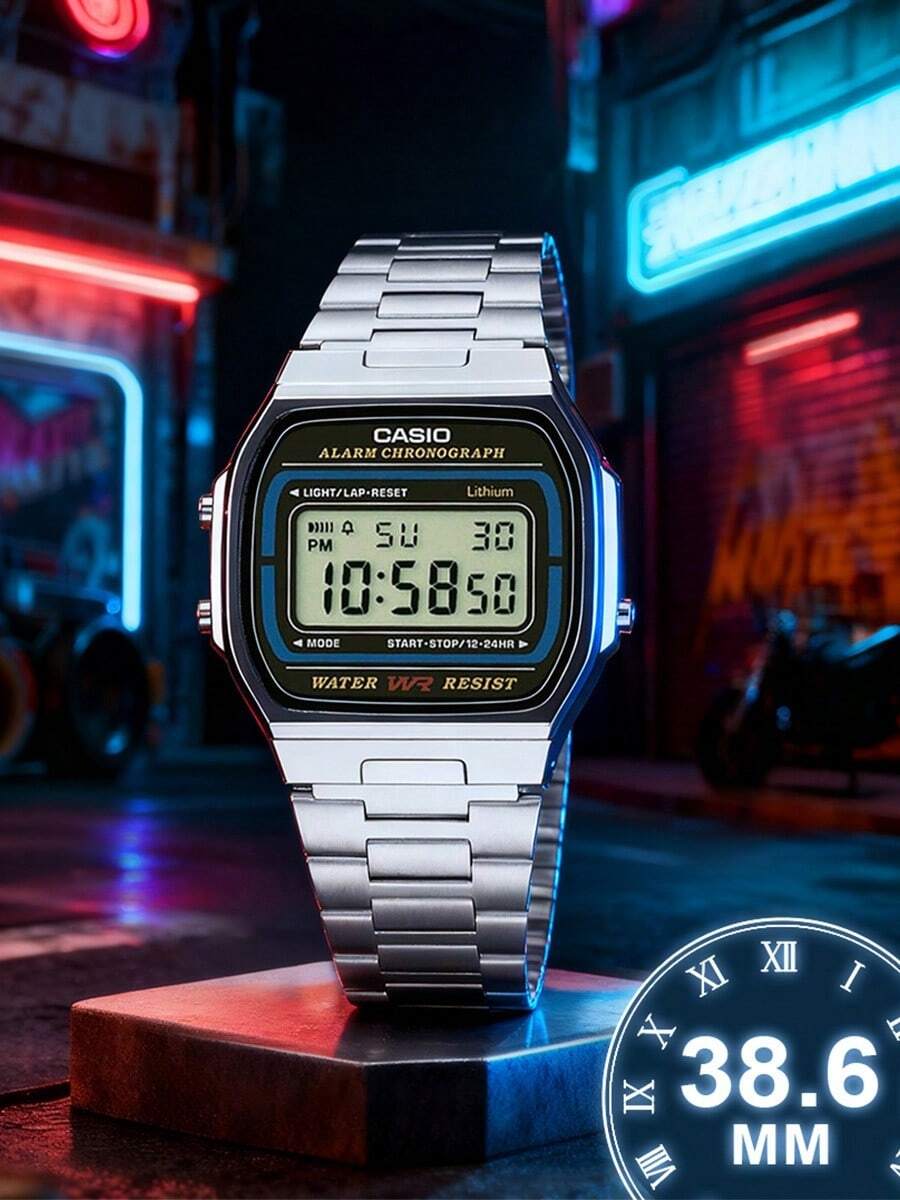 Reloj electrónico de moda deportiva unisex A168WA-1, correa de acero inoxidable retro, esfera cuadrada, con calendario, alarma y funciones de cronómetro, resistente al agua, adecuado para uso diario - Negro Azul y Blanco - Ver 1
